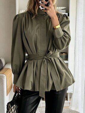 Army Green Elegant Women's Army Waist-Cinching Stand Collar Jacket